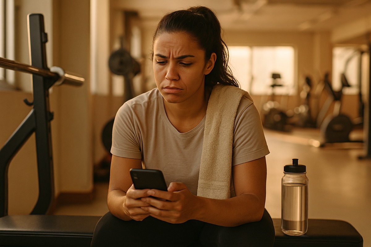 Personal trainer sentada num banco da academia olhando o celular entre atendimentos