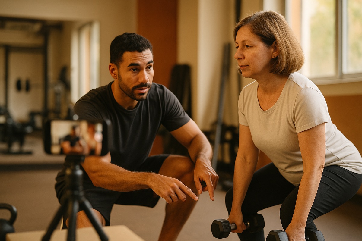 Personal trainer corrigindo o agachamento de uma aluna com o celular gravando num tripé