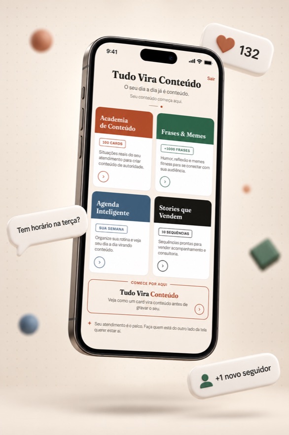 App Tudo Vira Conteúdo aberto num celular, cercado por notificações de curtida, mensagem e novo seguidor